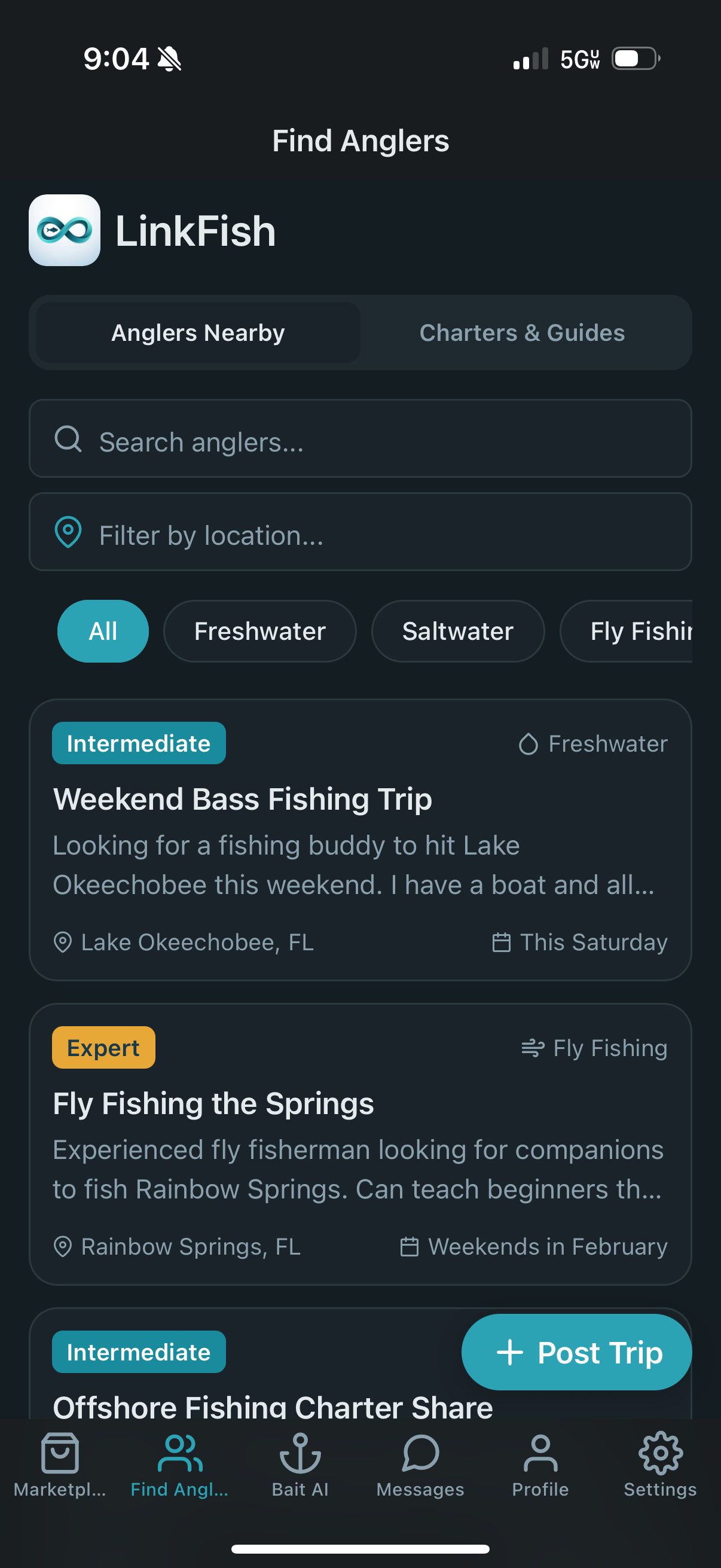 Find Anglers screen