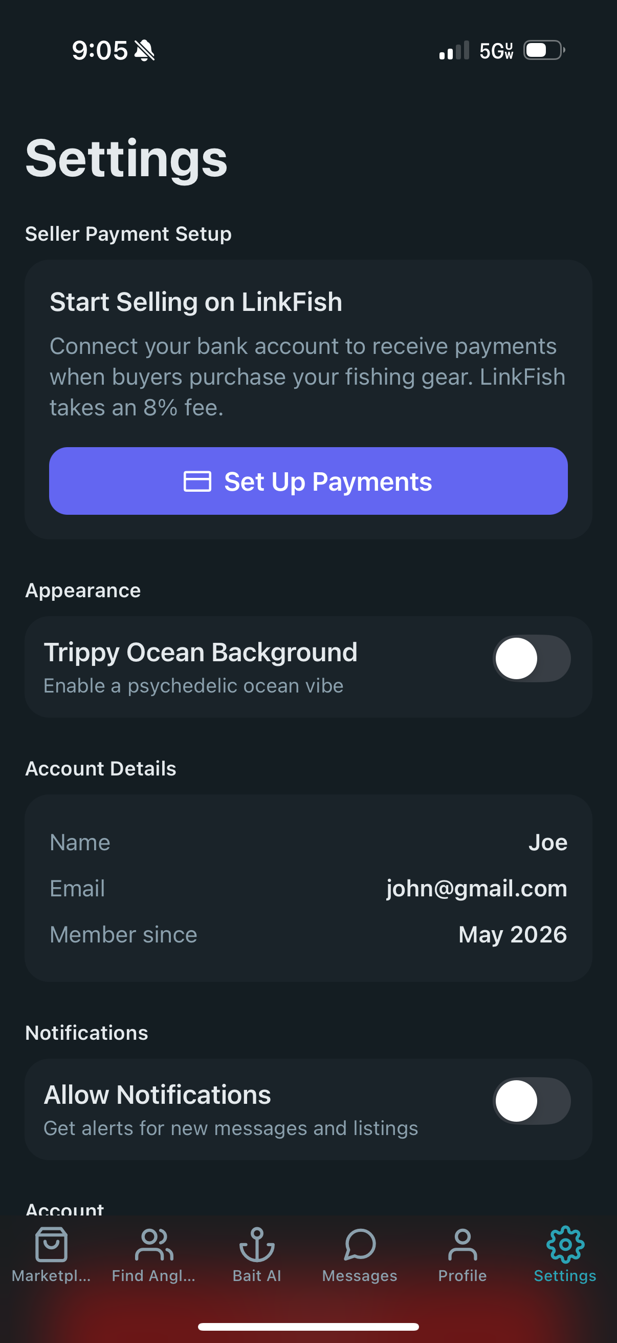 Profile and Settings screen